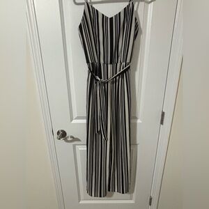 Monteau Black and White Striped Sleeveless Jumpsuit with Tie Waist Detail